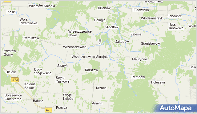 mapa Kiki gmina Wodzierady, Kiki gmina Wodzierady na mapie Targeo
