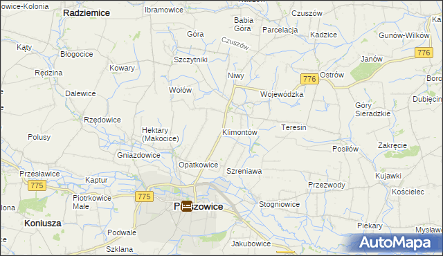 mapa Klimontów gmina Proszowice, Klimontów gmina Proszowice na mapie Targeo