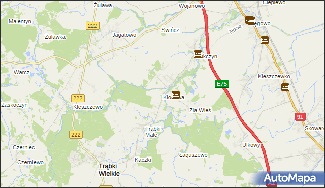 mapa Kłodawa gmina Trąbki Wielkie, Kłodawa gmina Trąbki Wielkie na mapie Targeo