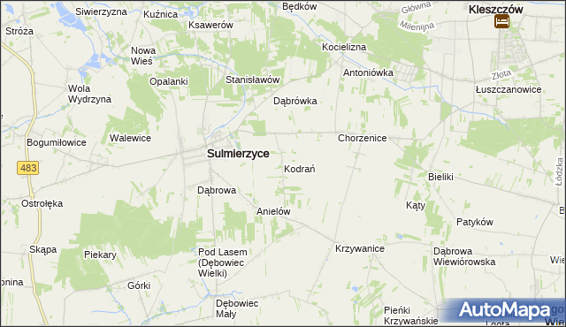 mapa Kodrań gmina Sulmierzyce, Kodrań gmina Sulmierzyce na mapie Targeo