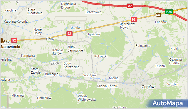 mapa Kokoszki gmina Cegłów, Kokoszki gmina Cegłów na mapie Targeo