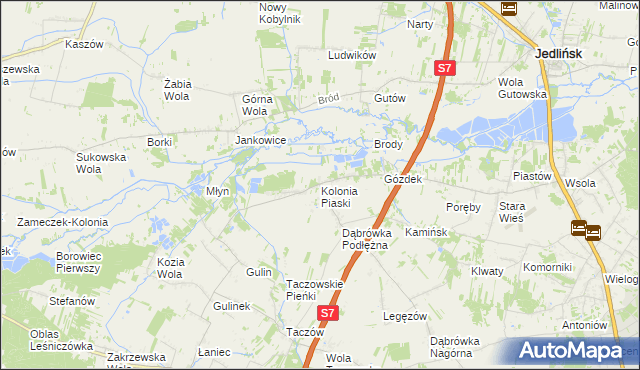 mapa Kolonia Piaski gmina Zakrzew, Kolonia Piaski gmina Zakrzew na mapie Targeo