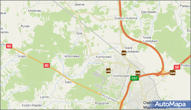 mapa Komorowo gmina Ostrów Mazowiecka, Komorowo gmina Ostrów Mazowiecka na mapie Targeo