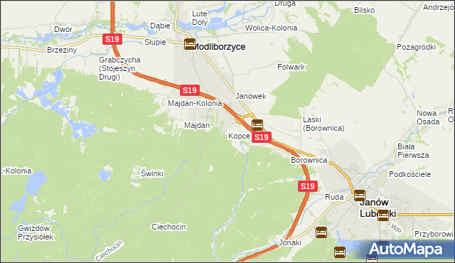 mapa Kopce gmina Janów Lubelski, Kopce gmina Janów Lubelski na mapie Targeo