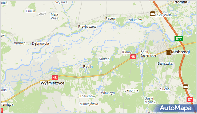 mapa Korzeń gmina Wyśmierzyce, Korzeń gmina Wyśmierzyce na mapie Targeo