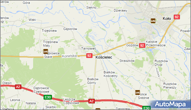 mapa Kościelec powiat kolski, Kościelec powiat kolski na mapie Targeo