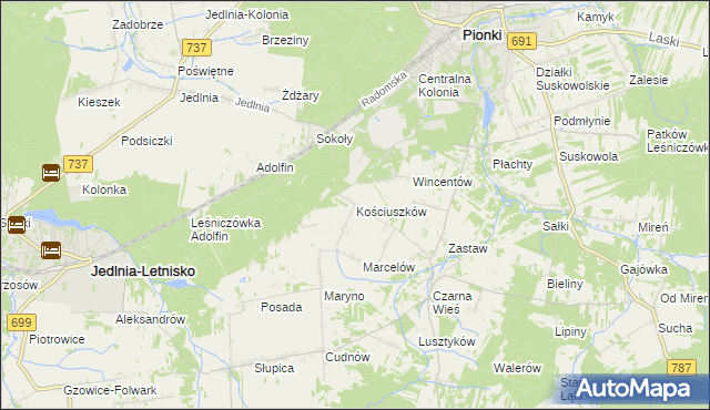 mapa Kościuszków gmina Pionki, Kościuszków gmina Pionki na mapie Targeo