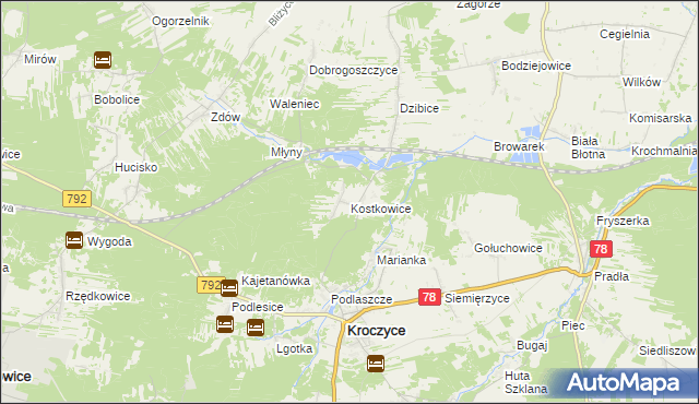 mapa Kostkowice gmina Kroczyce, Kostkowice gmina Kroczyce na mapie Targeo