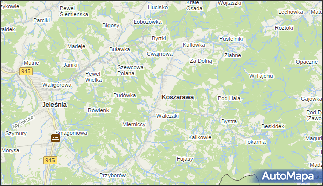 mapa Koszarawa, Koszarawa na mapie Targeo