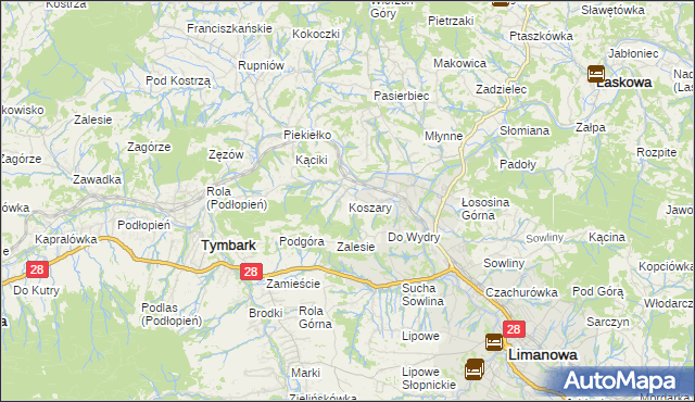 mapa Koszary gmina Limanowa, Koszary gmina Limanowa na mapie Targeo