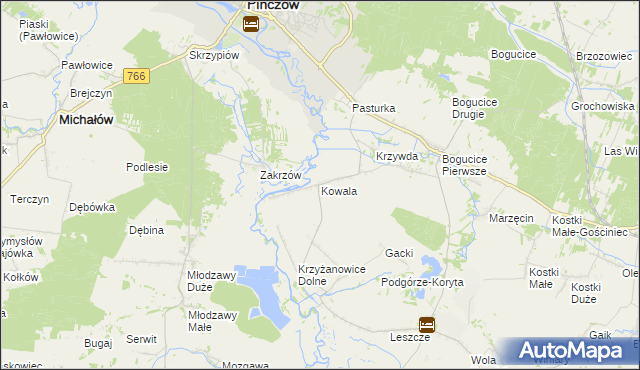 mapa Kowala gmina Pińczów, Kowala gmina Pińczów na mapie Targeo