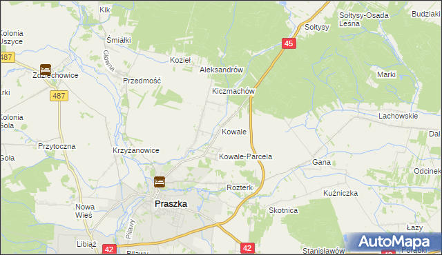 mapa Kowale gmina Praszka, Kowale gmina Praszka na mapie Targeo