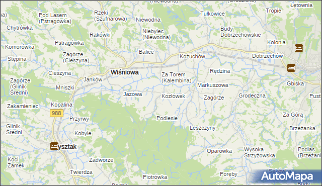 mapa Kozłówek gmina Wiśniowa, Kozłówek gmina Wiśniowa na mapie Targeo