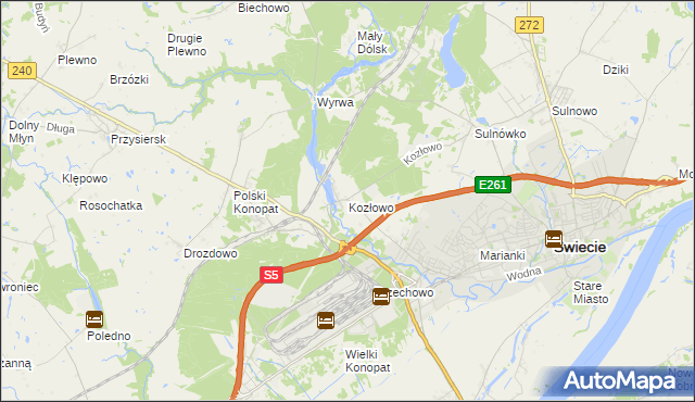 mapa Kozłowo gmina Świecie, Kozłowo gmina Świecie na mapie Targeo
