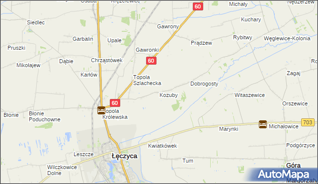 mapa Kozuby gmina Łęczyca, Kozuby gmina Łęczyca na mapie Targeo