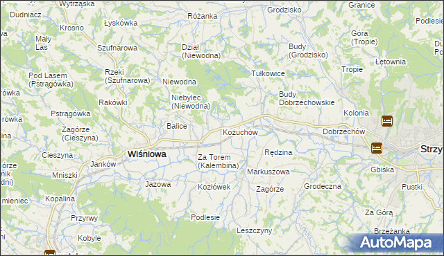mapa Kożuchów gmina Wiśniowa, Kożuchów gmina Wiśniowa na mapie Targeo