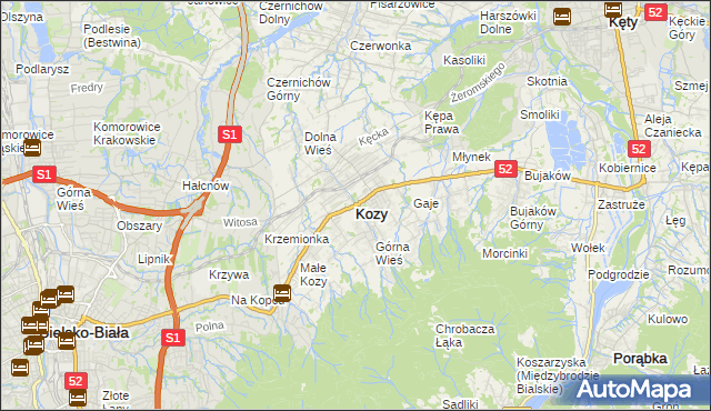 mapa Kozy powiat bielski, Kozy powiat bielski na mapie Targeo