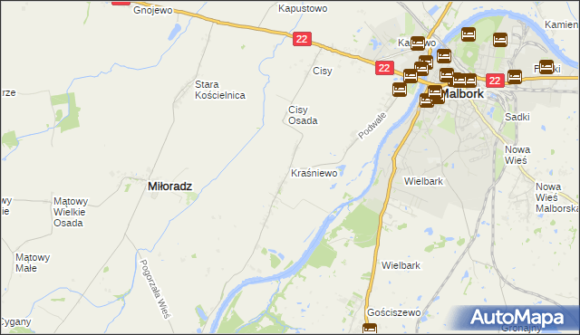 mapa Kraśniewo gmina Malbork, Kraśniewo gmina Malbork na mapie Targeo