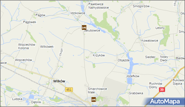 mapa Krzyków gmina Wilków, Krzyków gmina Wilków na mapie Targeo