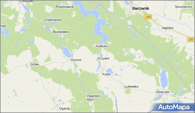 mapa Krzywin gmina Bierzwnik, Krzywin gmina Bierzwnik na mapie Targeo