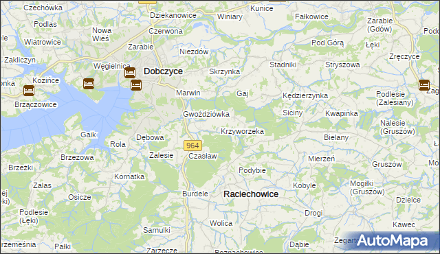 mapa Krzyworzeka gmina Raciechowice, Krzyworzeka gmina Raciechowice na mapie Targeo