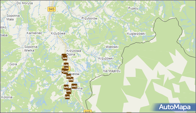 mapa Krzyżówki gmina Jeleśnia, Krzyżówki gmina Jeleśnia na mapie Targeo