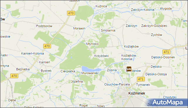 mapa Krzyżówki gmina Koźminek, Krzyżówki gmina Koźminek na mapie Targeo