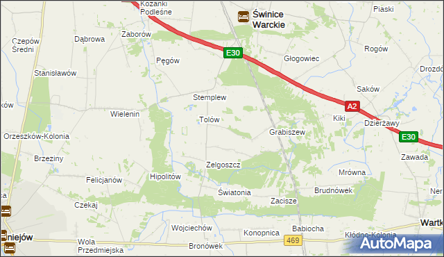 mapa Ładawy gmina Świnice Warckie, Ładawy gmina Świnice Warckie na mapie Targeo