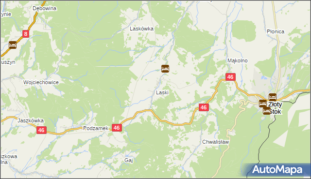 mapa Laski gmina Złoty Stok, Laski gmina Złoty Stok na mapie Targeo