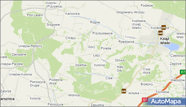 mapa Łazy gmina Książ Wielki, Łazy gmina Książ Wielki na mapie Targeo