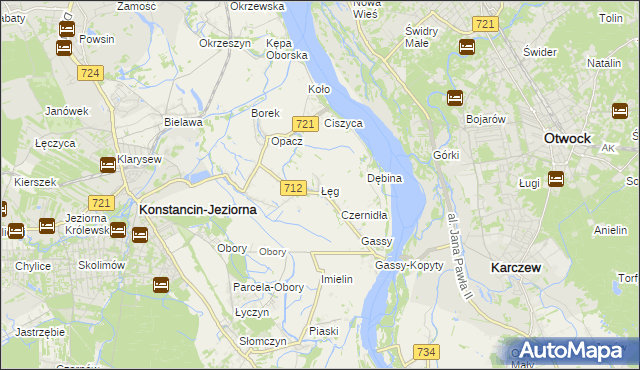 mapa Łęg gmina Konstancin-Jeziorna, Łęg gmina Konstancin-Jeziorna na mapie Targeo