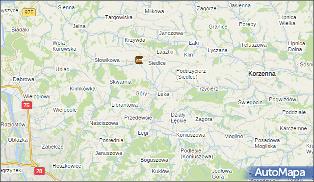 mapa Łęka gmina Korzenna, Łęka gmina Korzenna na mapie Targeo