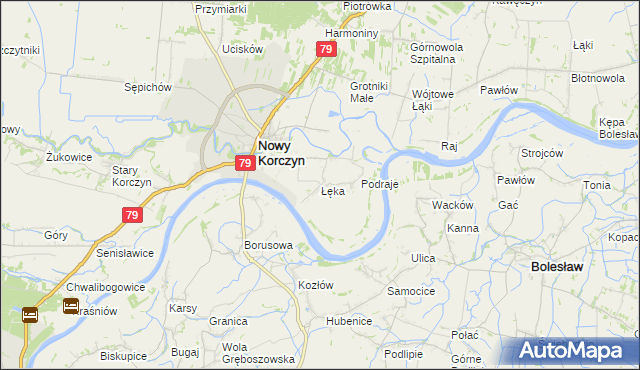 mapa Łęka gmina Nowy Korczyn, Łęka gmina Nowy Korczyn na mapie Targeo