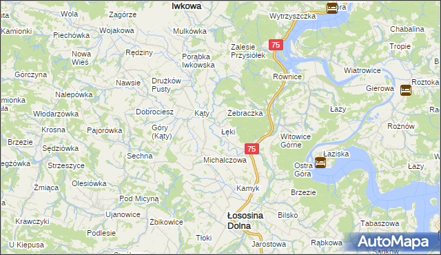 mapa Łęki gmina Łososina Dolna, Łęki gmina Łososina Dolna na mapie Targeo