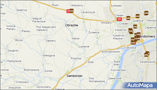 mapa Łojowice gmina Samborzec, Łojowice gmina Samborzec na mapie Targeo