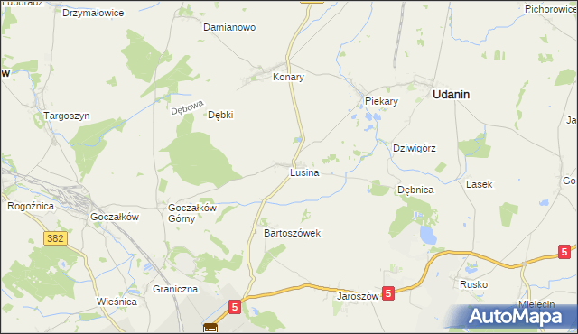 mapa Lusina gmina Udanin, Lusina gmina Udanin na mapie Targeo