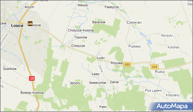 mapa Łuzki gmina Łosice, Łuzki gmina Łosice na mapie Targeo