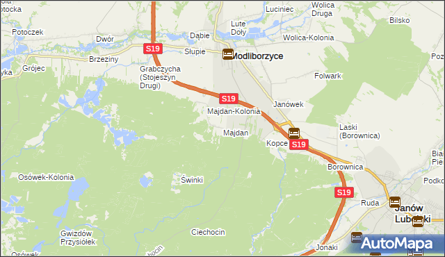 mapa Majdan gmina Modliborzyce, Majdan gmina Modliborzyce na mapie Targeo