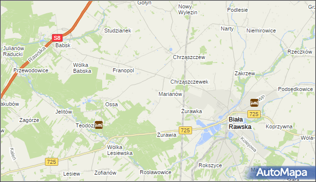 mapa Marianów gmina Biała Rawska, Marianów gmina Biała Rawska na mapie Targeo
