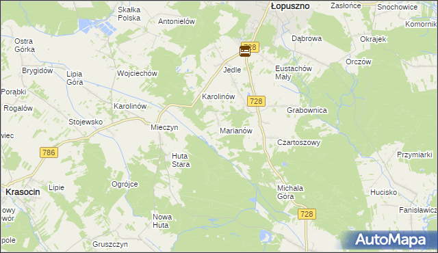mapa Marianów gmina Łopuszno, Marianów gmina Łopuszno na mapie Targeo
