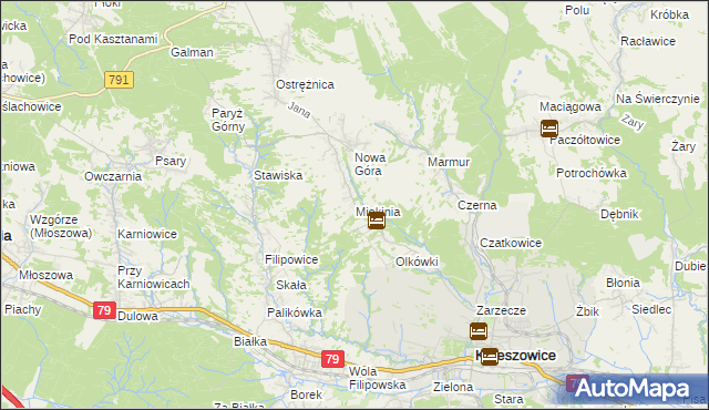 mapa Miękinia gmina Krzeszowice, Miękinia gmina Krzeszowice na mapie Targeo