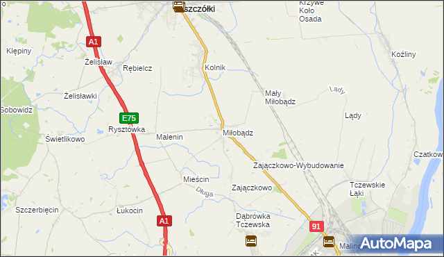 mapa Miłobądz gmina Tczew, Miłobądz gmina Tczew na mapie Targeo