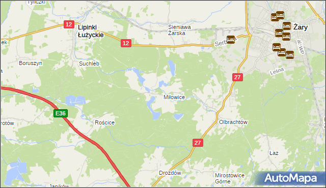 mapa Miłowice gmina Żary, Miłowice gmina Żary na mapie Targeo