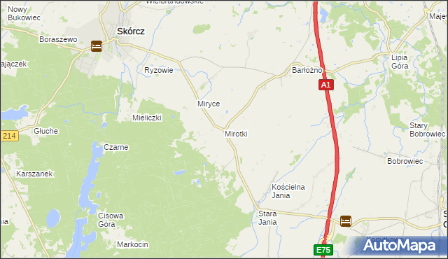 mapa Mirotki gmina Skórcz, Mirotki gmina Skórcz na mapie Targeo