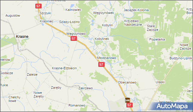 mapa Młodzianowo gmina Płoniawy-Bramura, Młodzianowo gmina Płoniawy-Bramura na mapie Targeo