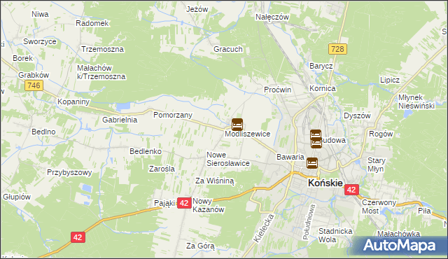 mapa Modliszewice, Modliszewice na mapie Targeo