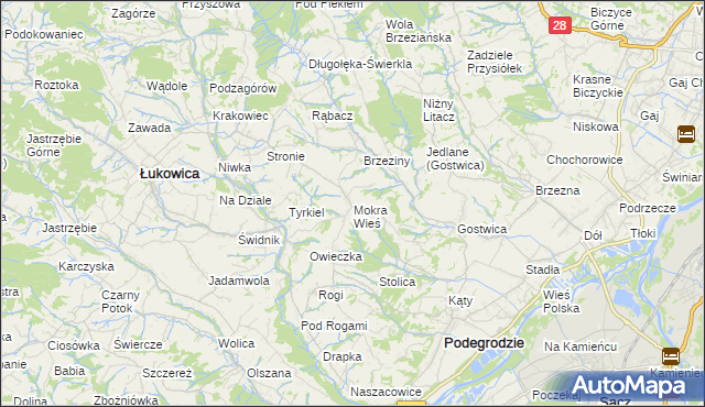 mapa Mokra Wieś gmina Podegrodzie, Mokra Wieś gmina Podegrodzie na mapie Targeo