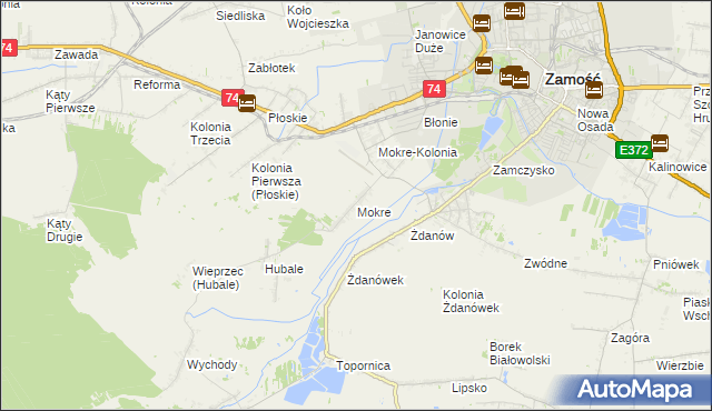 mapa Mokre gmina Zamość, Mokre gmina Zamość na mapie Targeo