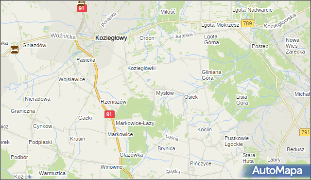 mapa Mysłów gmina Koziegłowy, Mysłów gmina Koziegłowy na mapie Targeo