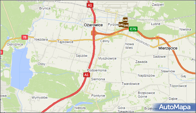 mapa Myszkowice gmina Bobrowniki, Myszkowice gmina Bobrowniki na mapie Targeo
